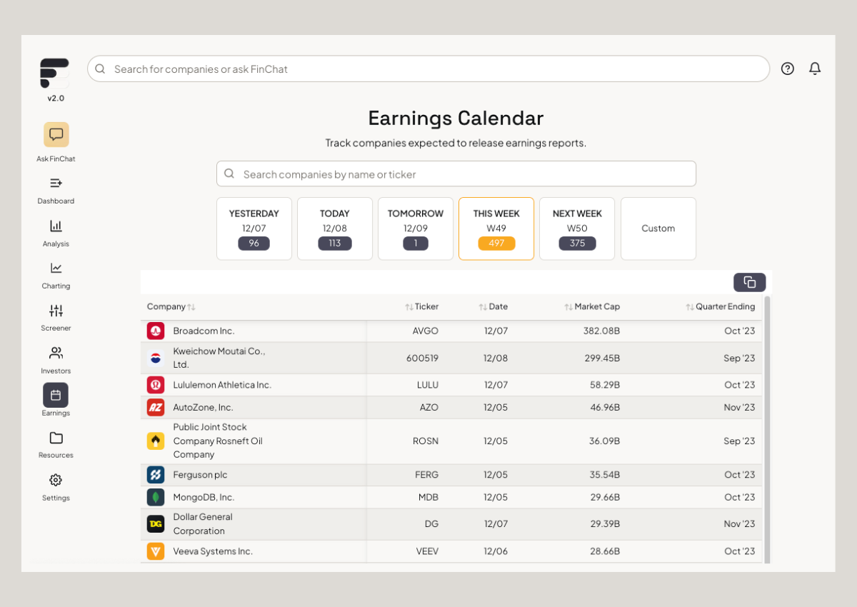 FinChat Earnings Calendar Feature
